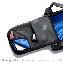 Load image into Gallery viewer, Black laptop bag with a double compartment, featuring two zipped mesh pockets and blue interior.