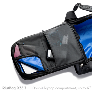 Black laptop bag with a double compartment, featuring two zipped mesh pockets and blue interior.